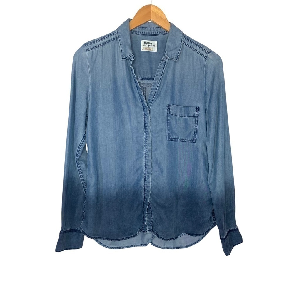 Anthropologie Holding Horses Womens Ombré Dip Dye Tencel Button Up Top Sz 2 Blue